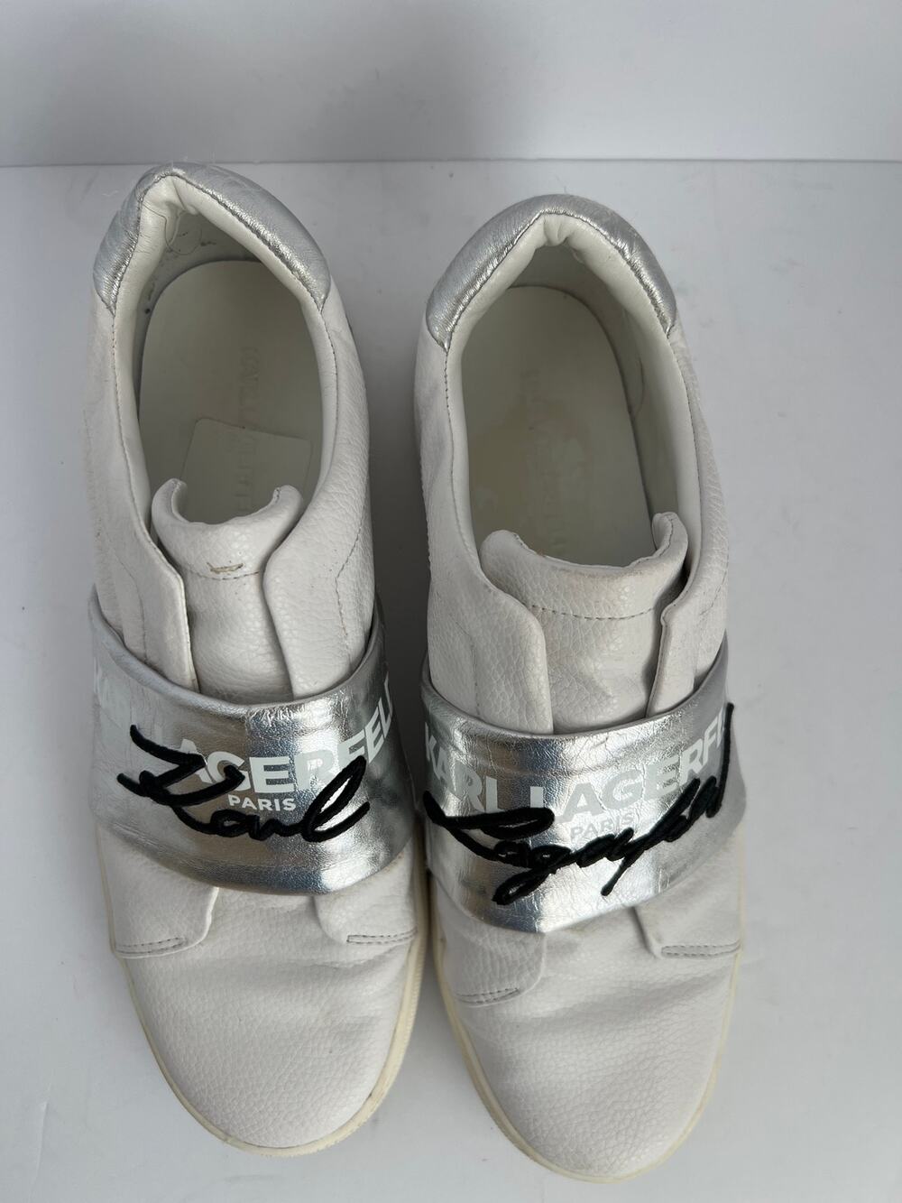 Karl Lagerfeld Paris Cameli White Silver Leather Slip On Sneakers Size 9M EU 40B